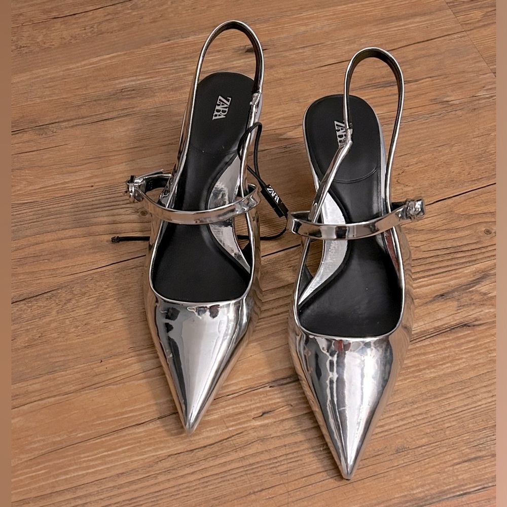 Zara Silver Pointed-Toe Slingback Heels